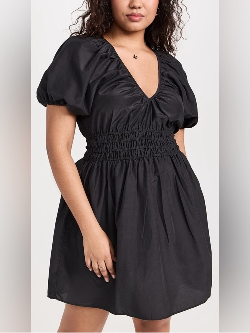 Faithfull Salone Mini Dress L Black Puff Sleeve Smocked Silk Cotton